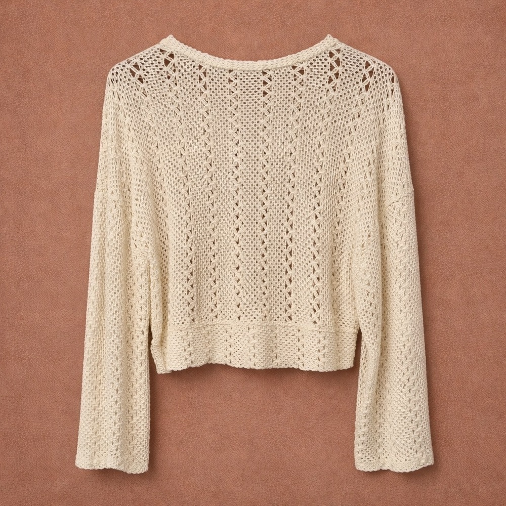 Zara Cream Open Knit Crochet Sweater | Cropped Boho Pullover - S - Picture 3 of 5